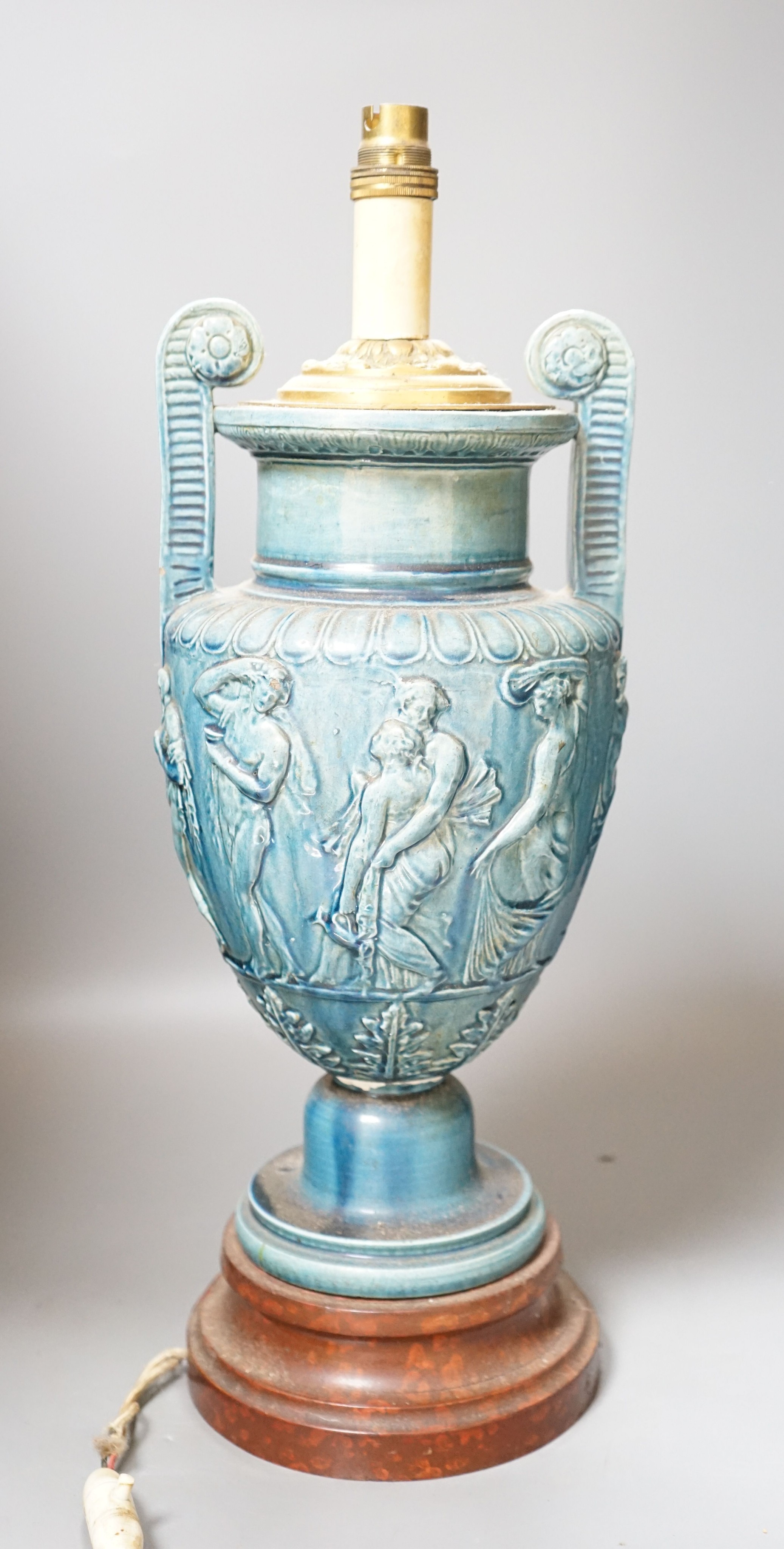 A Roman revival blue glazed table lamp